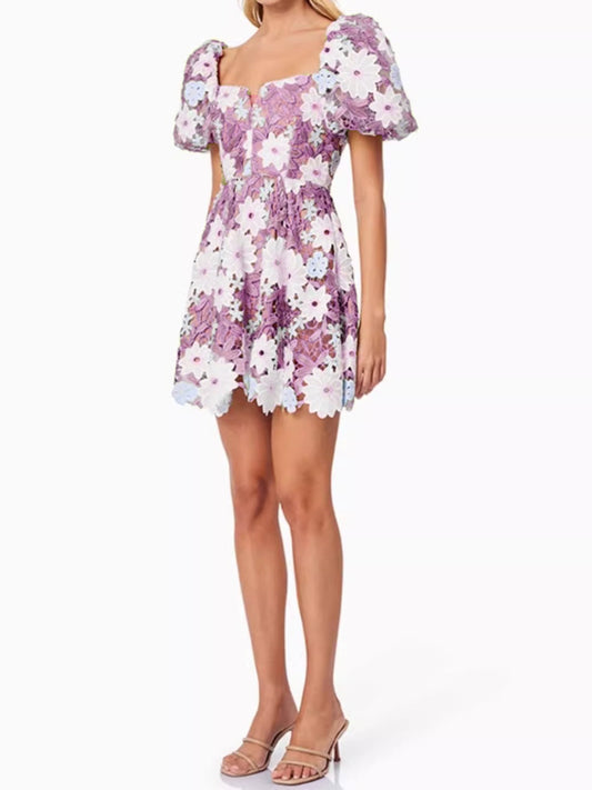 winifred Hollow hook lace mini dress in purple