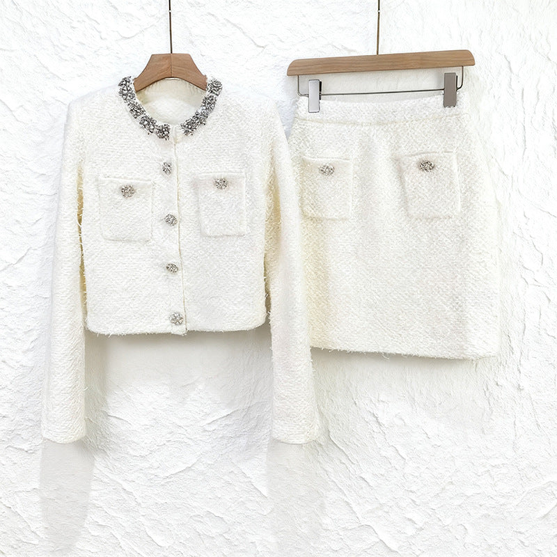 alisa Diamond-embellished tweed cardigan skirt set in white