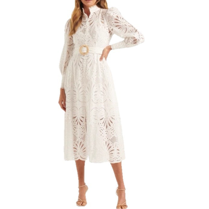 white embroidery lace collar waist lace dress