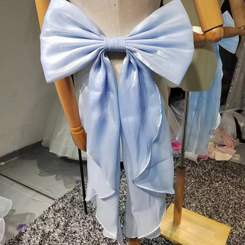 Shimmer Organza Giant Bow Ruffle Streamer Back Sash