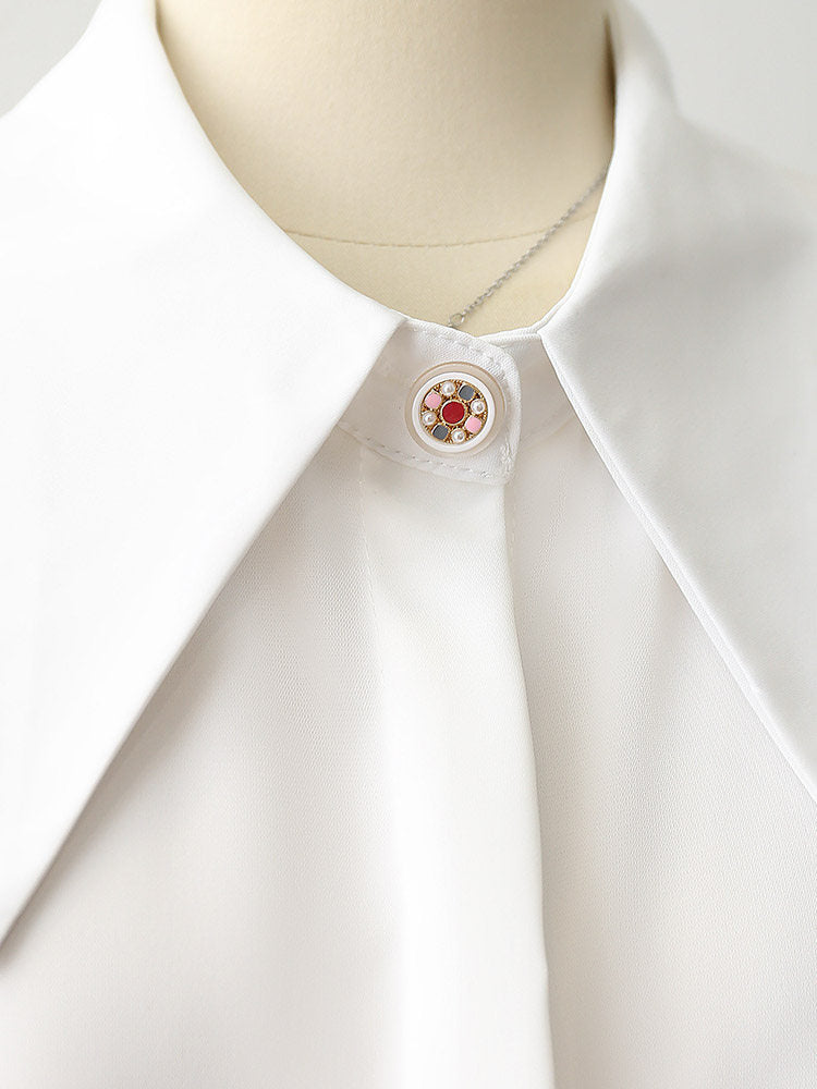 Oversized Point Collar Mixed Fabric Pleated Lantern Sleeve Satin Blouse