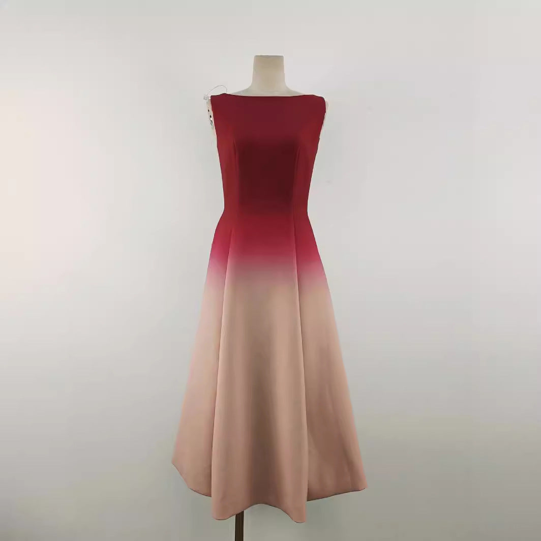 Red pink gradient Sleeveless A-line midi dress