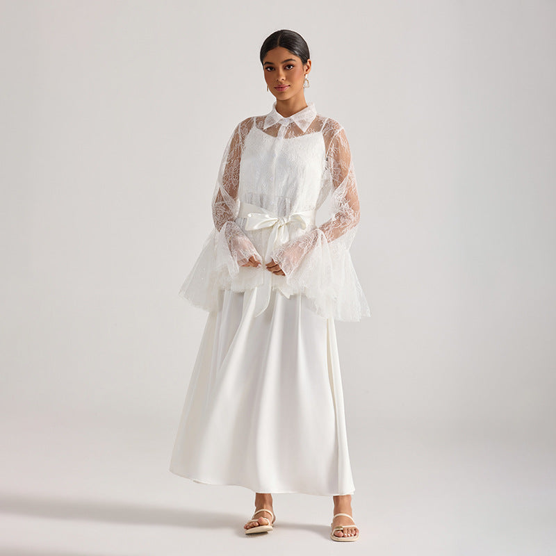 Tiffany white lace bell-sleeve ruffle embroidered top maxi skirt set