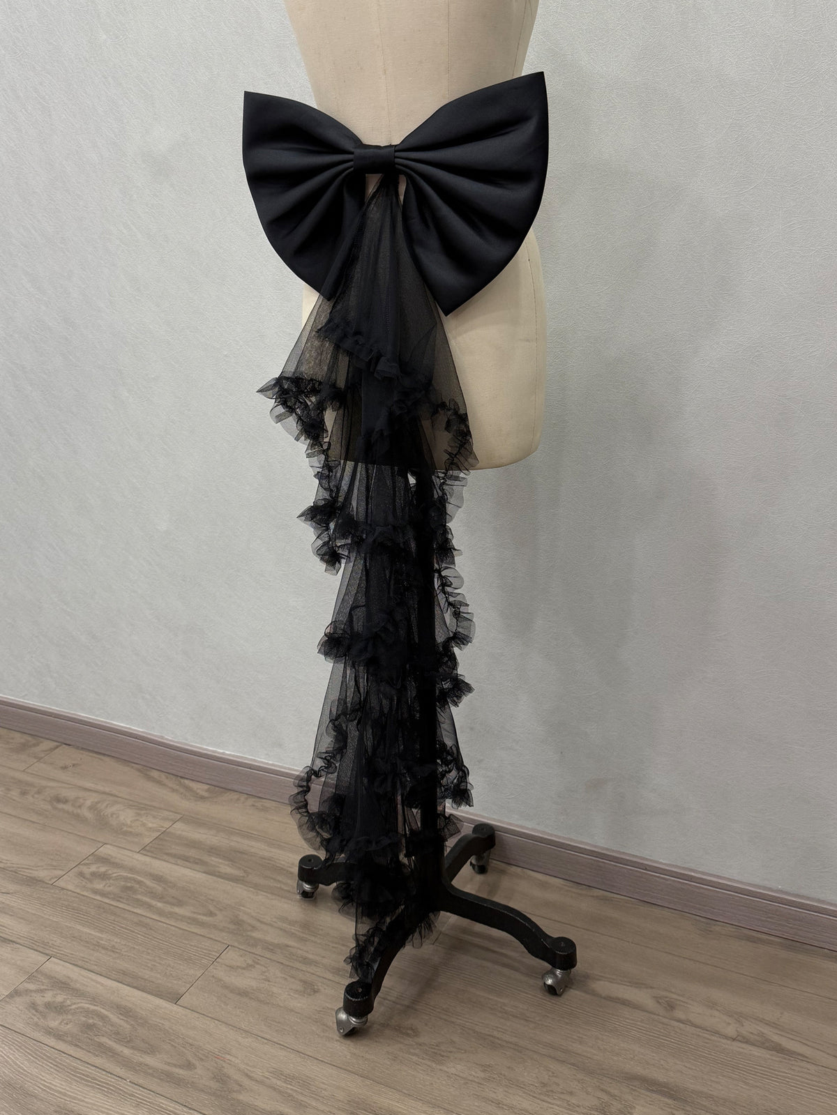 White Satin Giant Bow Tiered Ruffle Tulle Long Bridal Sash