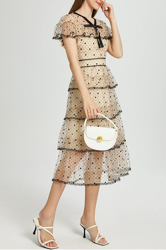 floral Embroidery pleated mesh midi dress in apricot