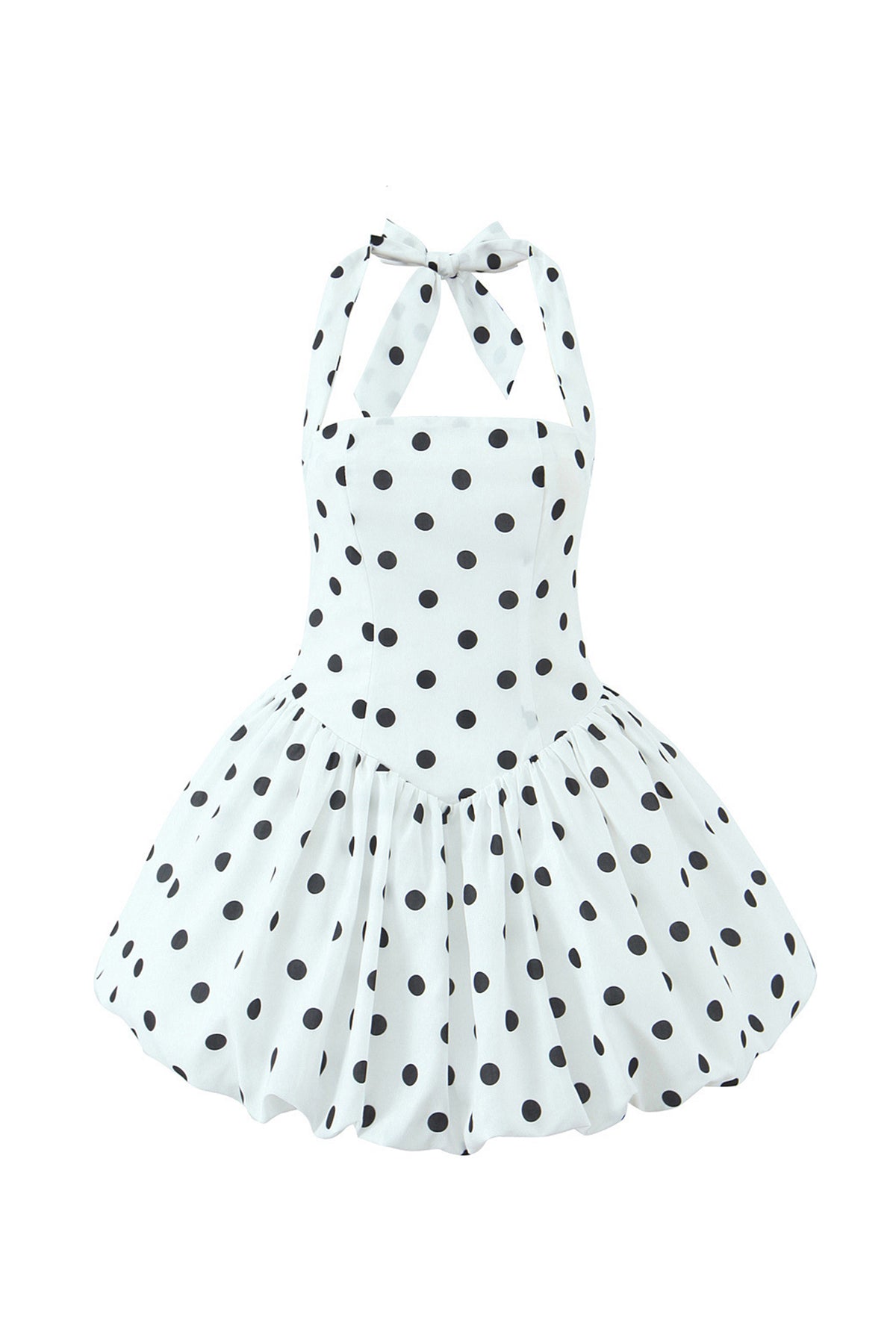 White Black Polka Dot Halter Square Neck Bubble Mini Dress