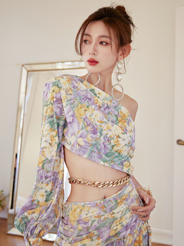 dolores French-style printed off-shoulder single-sleeve slit mini dress