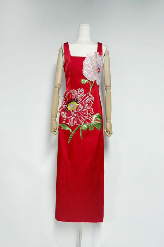 nicola square neck flower embroidery satin maxi dress in red