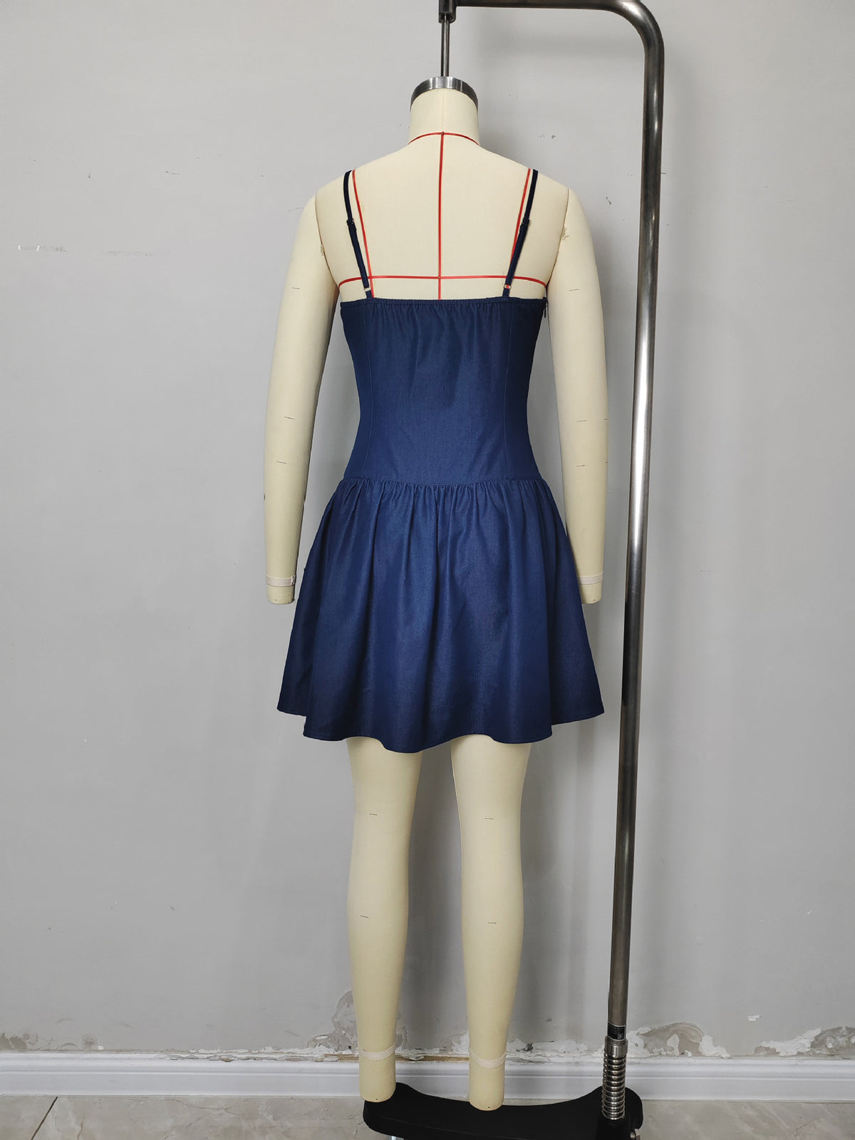 Dark Denim Spaghetti Strap Square Neck Button Front Fit And Flare Mini Dress Summer Casual Dress