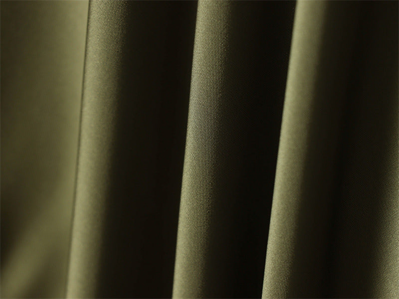 Olive Green Satin Asymmetrical Slip Dress with Black Lace Trim