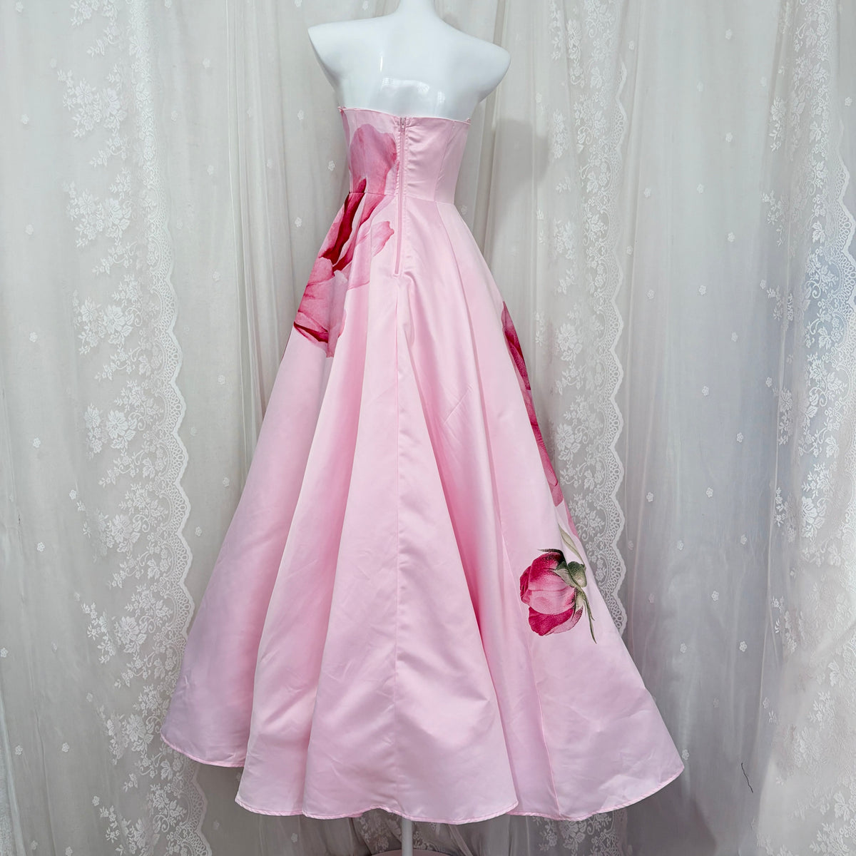 Pink Strapless Large Floral Print Satin Ball Gown