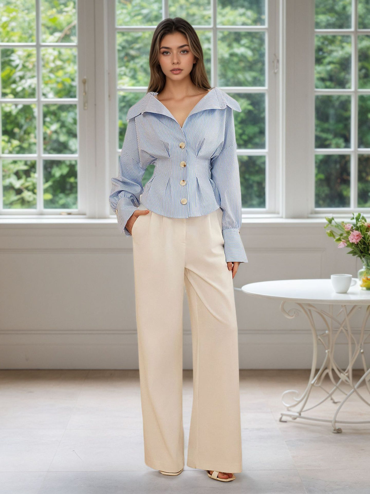Blue White Stripe Off Shoulder Collared Cinched Waist Peplum Shirt