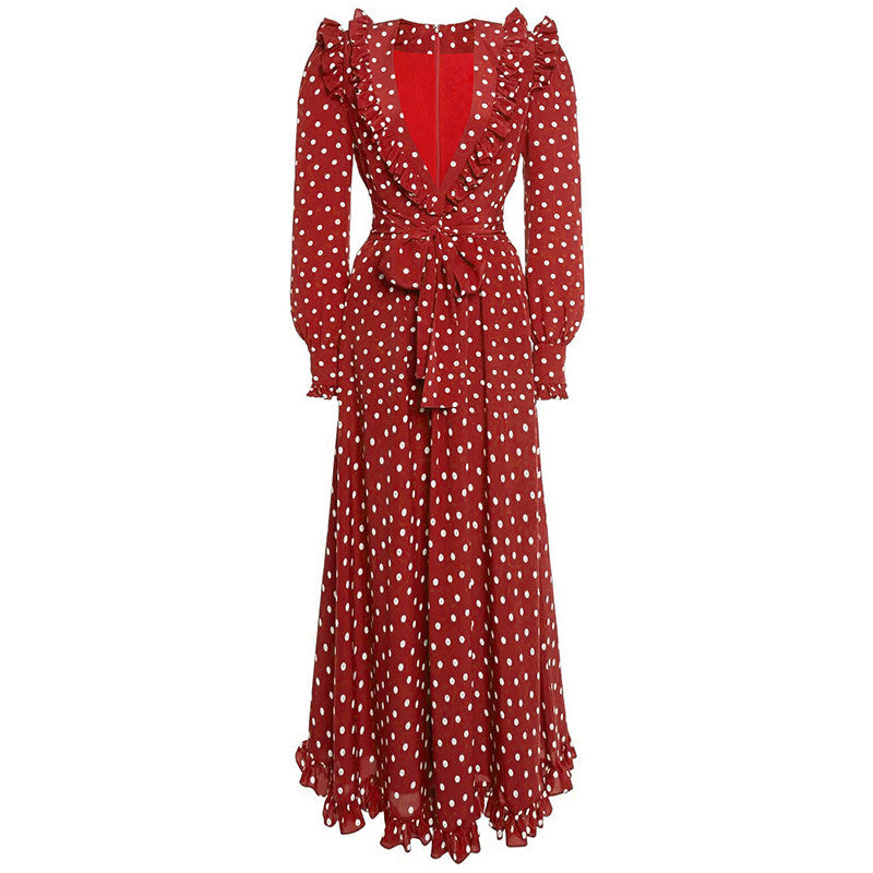 red long sleeve polka dot midi dress