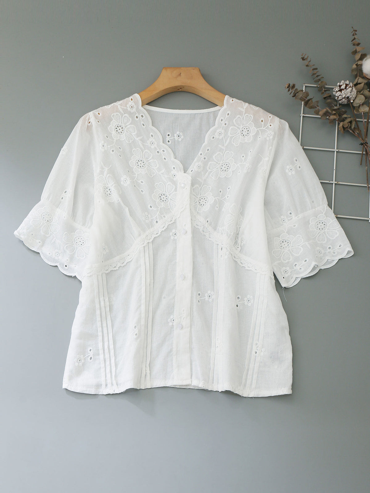 Scalloped V Neck Floral Embroidery Eyelet Puff Short Sleeve Blouse