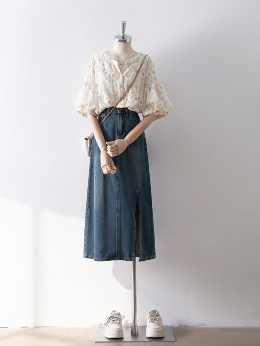 Vintage High Waist Straight Cut Denim Midi Skirt Casual Loose Long Jean Skirt