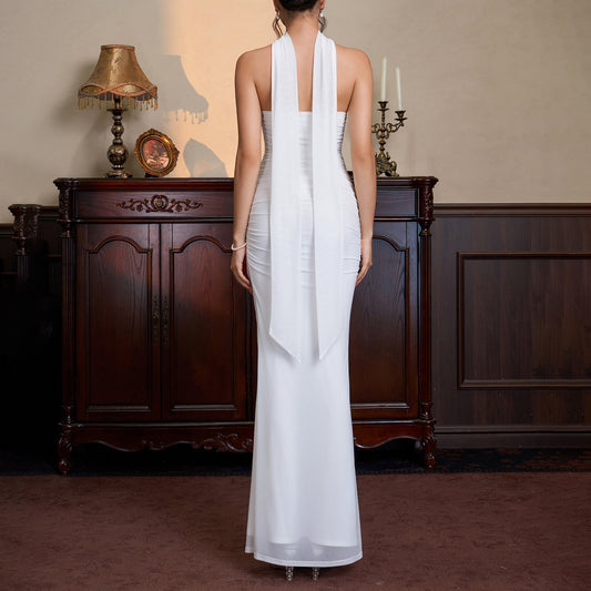 Choker Halter Ruched Mesh Midi Maxi Dress