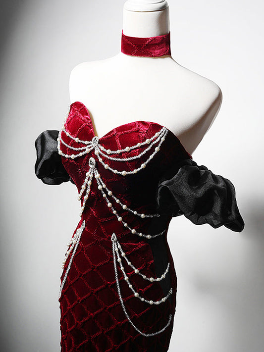 Mermaid Velvet Burgundy Long Prom Dress
