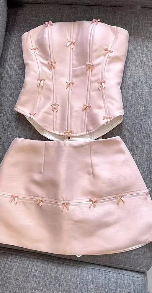 PINK BOW EMBELLISHED STRAPLESS MINI DRESS SET
