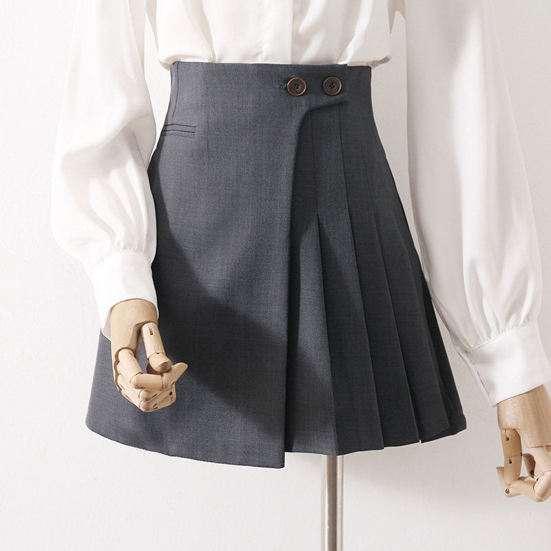Light Green High Waist Irregular Pleated Mini Skort Double Button Business Short Skirt