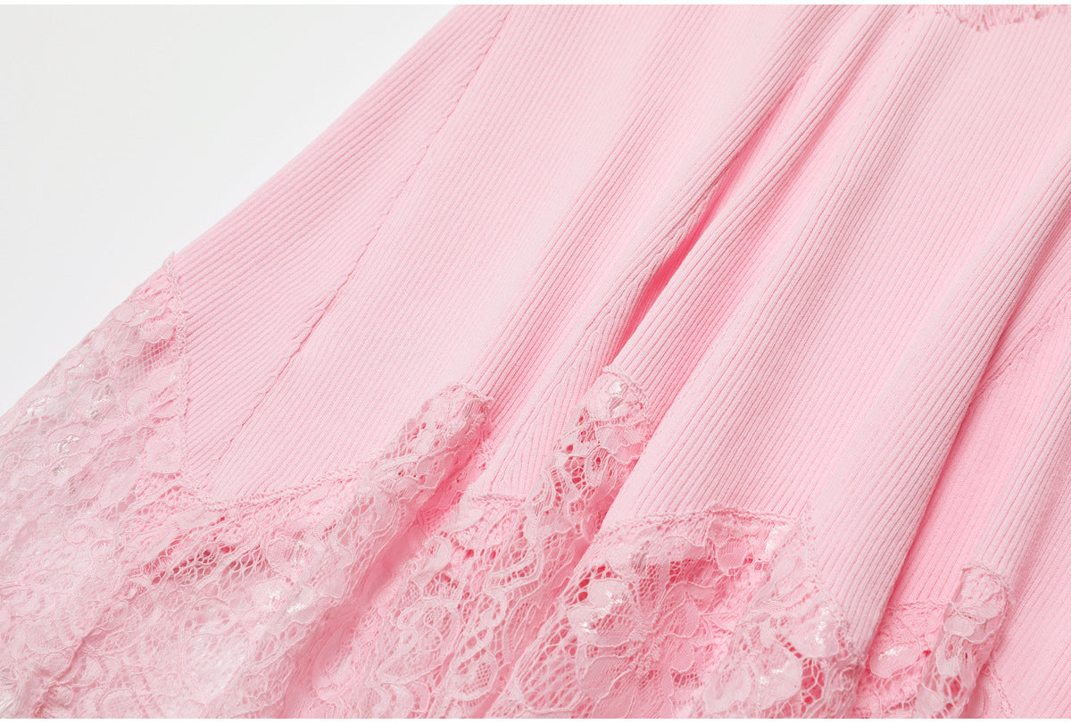 Light Pink Ribbed Knit Mermaid Maxi Dress with Lace Inserts