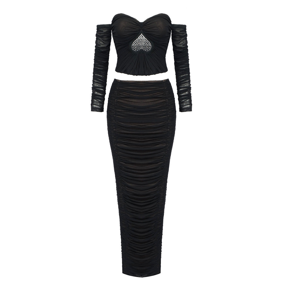 Black mesh rhinestone pleated strapless top maxi skirt two-piece set