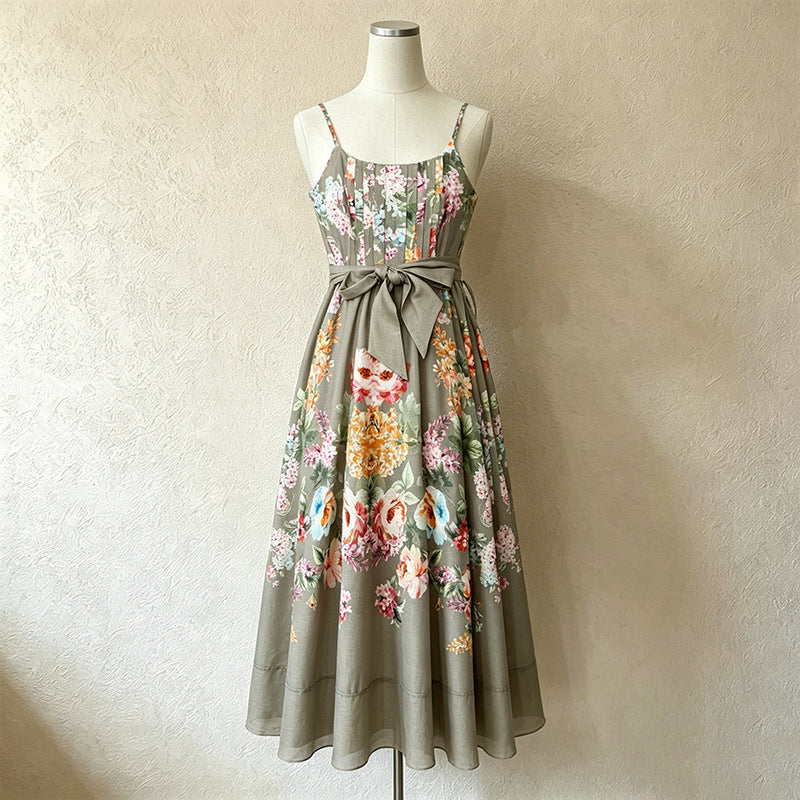 Taupe Linen-Blend A-Line Floral Maxi Dress