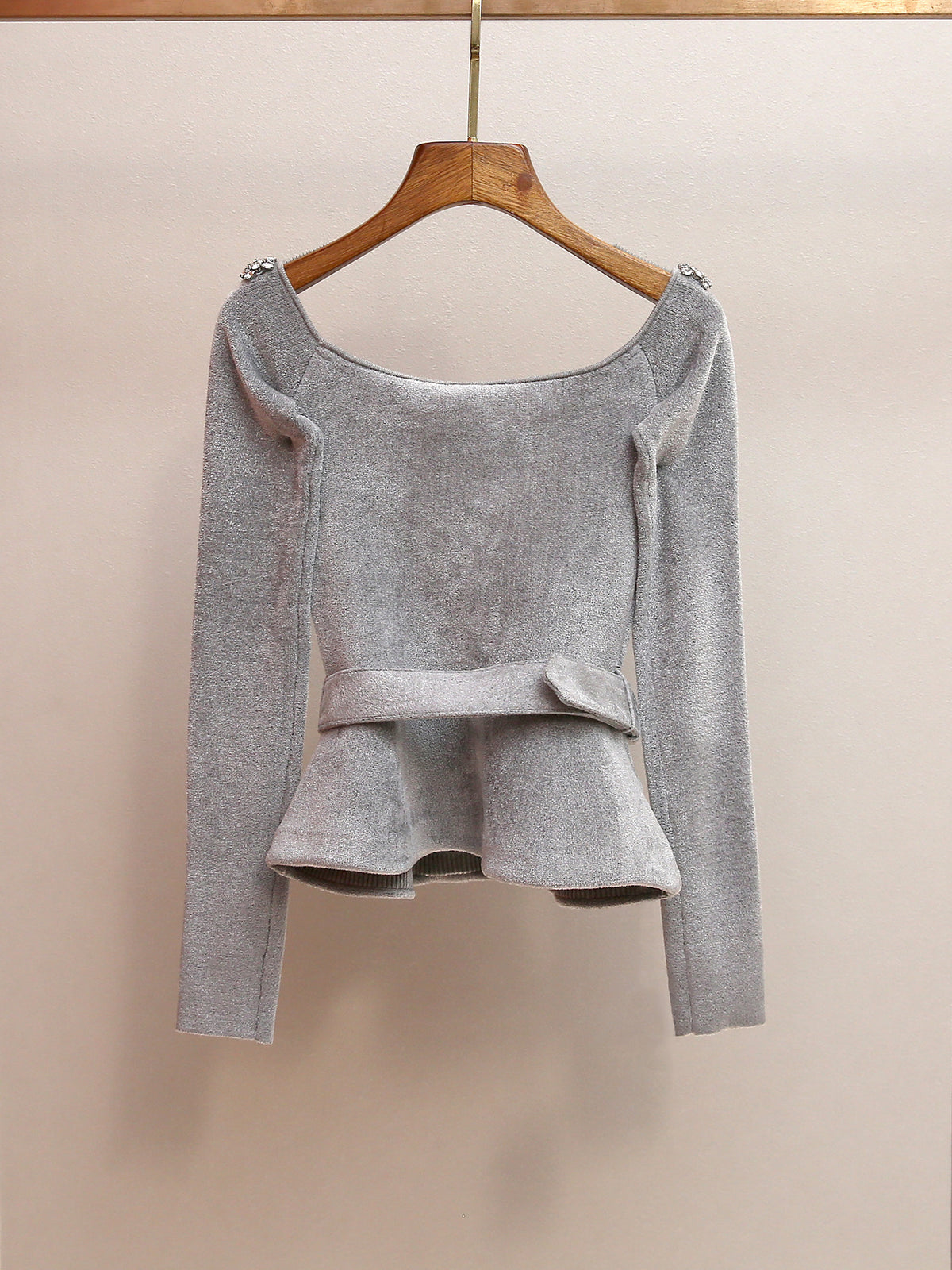 molly Grey Chenille Knit Crystal Trim Top