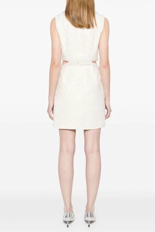 cut out cream boucle pearl mini dress