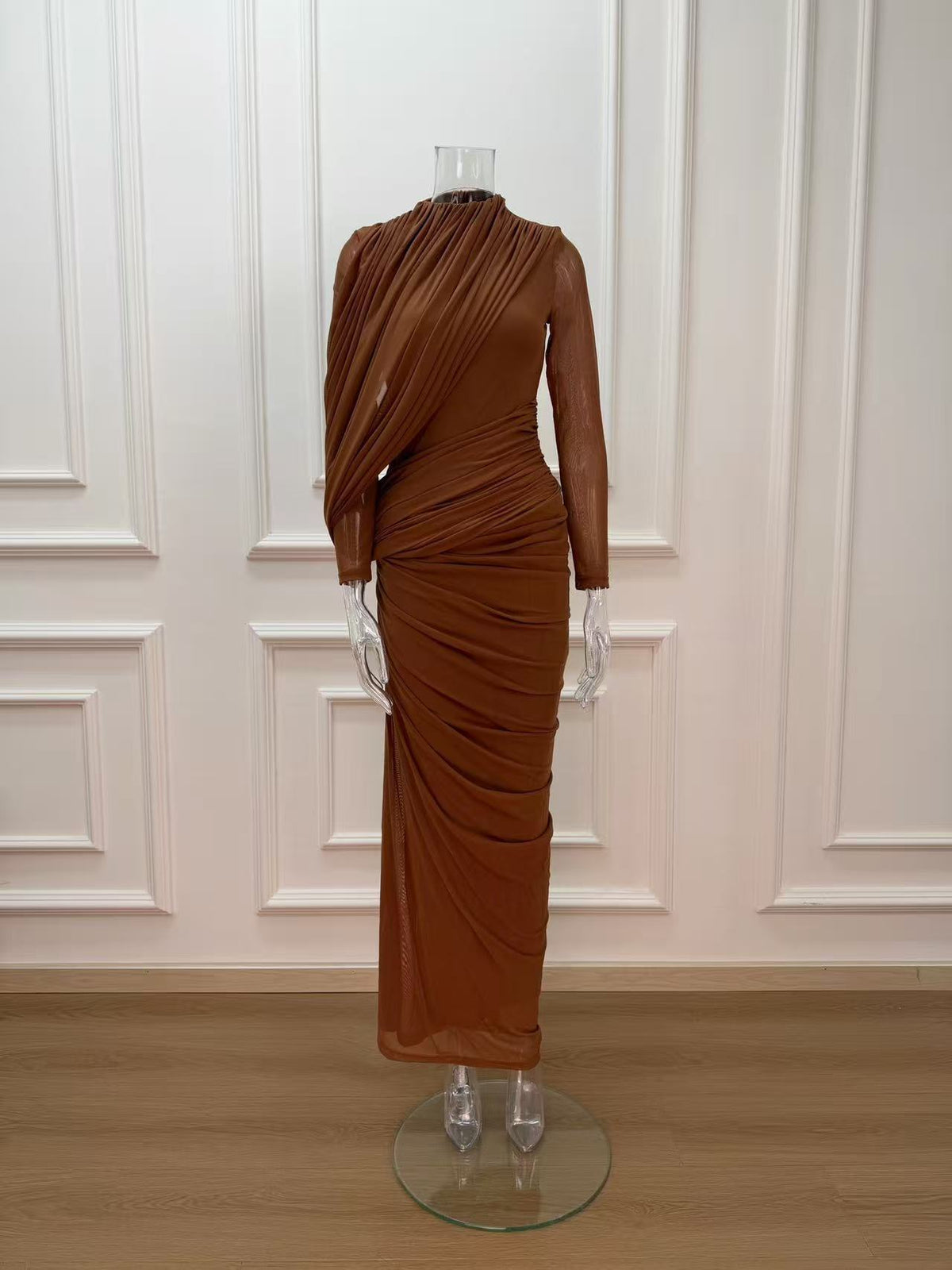 liz High Neck Asymmetric Drape ruched Maxi Dress in brown