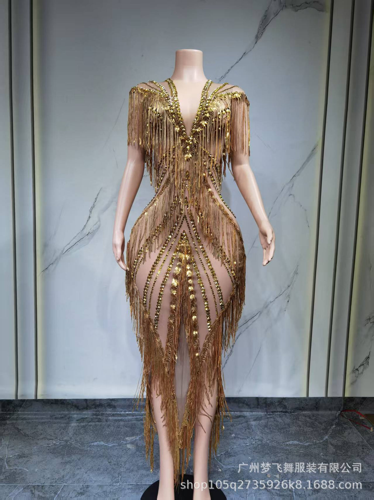 roberta Fringe Sequin Crystal Maxi Dress In Gold