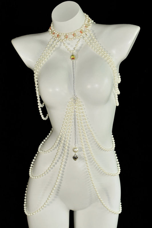 Classic long faux pearl dress, heart pendant, artificial crystal accessory, ladies' party banquet body chain
