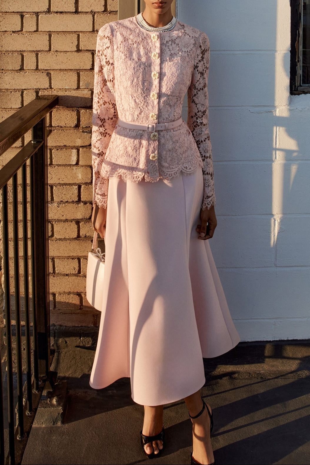 Pink Tailored Lace Midi Dress