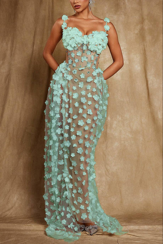 Oksana Spaghetti Flower Corset Maxi Dress In Green