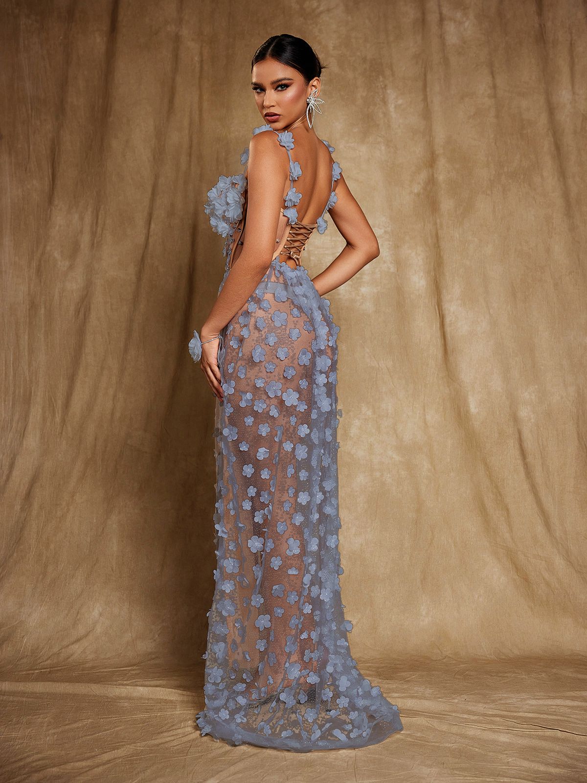 Oksana Spaghetti Flower Corset Maxi Dress In Blue