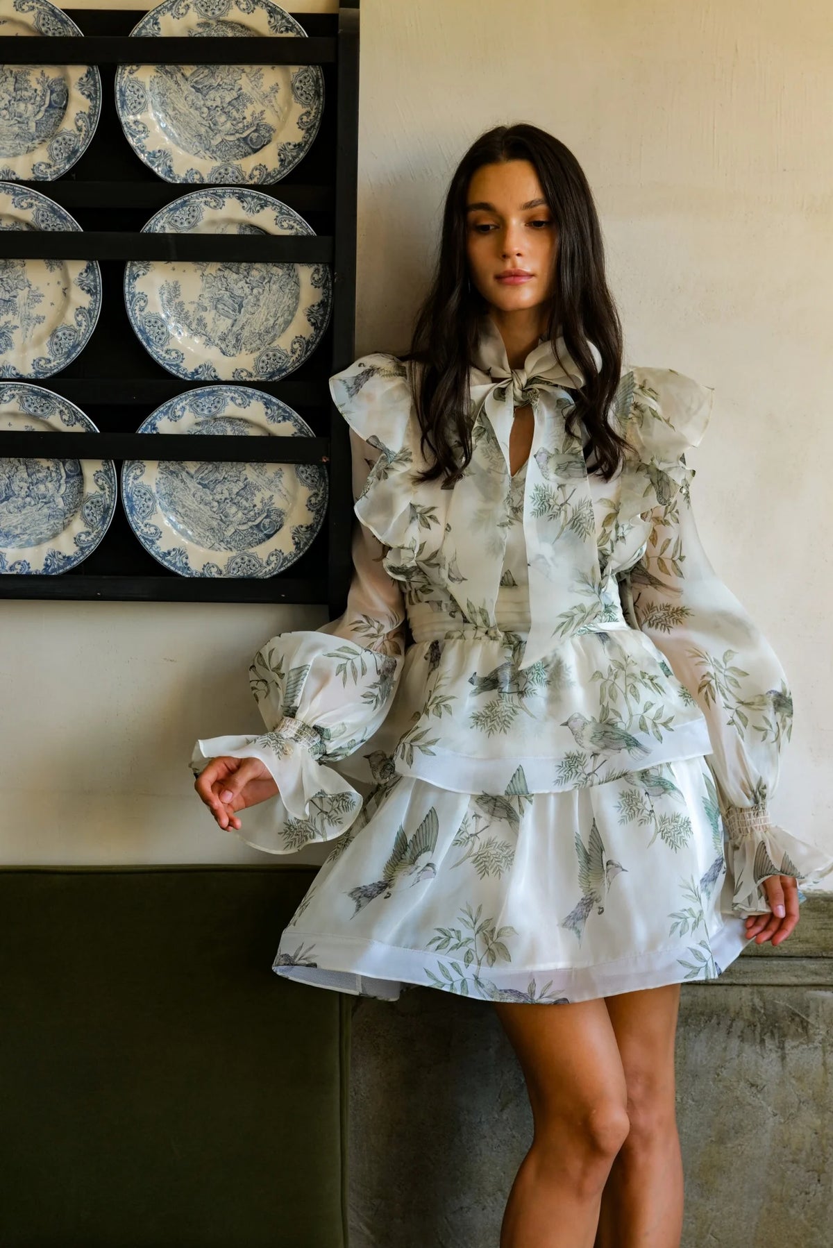 norma floral print SILK ORGANZA TIE NECK MINI DRESS
