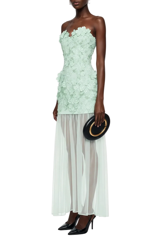Pansya Floral Embroidery Strapless Maxi Dress - Mint