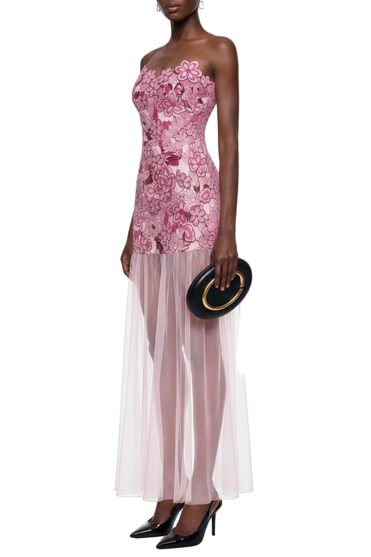 Pansya Floral Embroidery Strapless Maxi Dress - Pink
