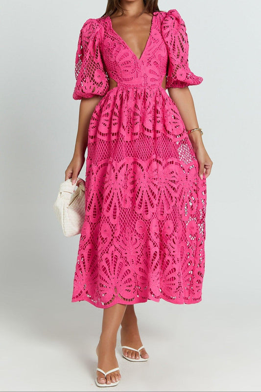 V Neck Cut Out Lace Midi Dress