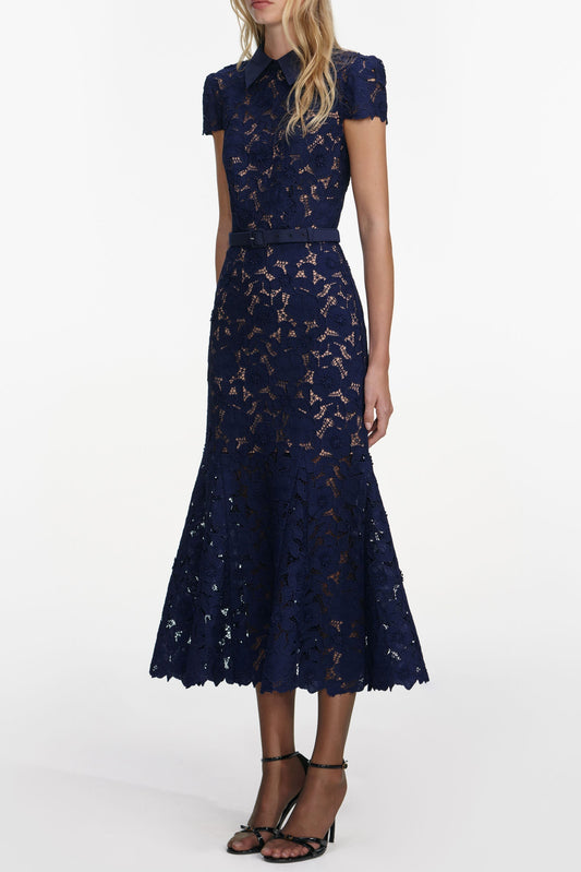 zenobia navy blue Guipure Lace hollow Midi Dress