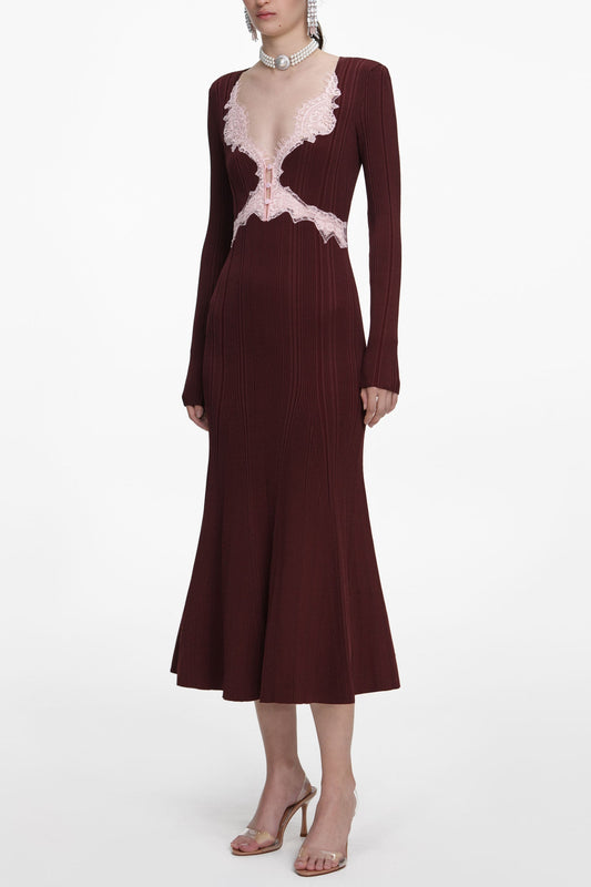 apphia Brown Contrast Lace Knit Midi Dress