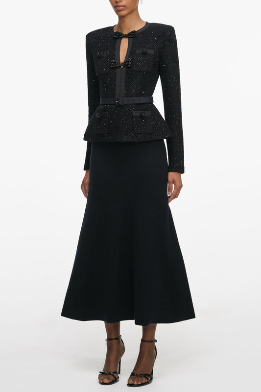 molly Black Sequin Knit Tailored Midi Dress