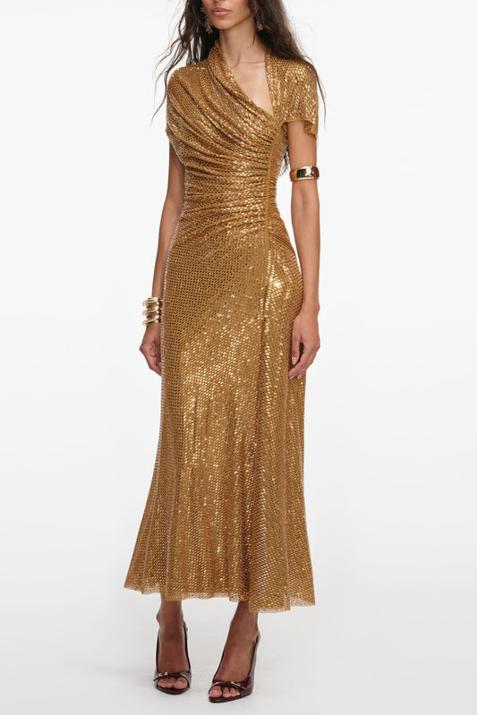 kimberley Gold Rhinestone Drape cutout Maxi Dress