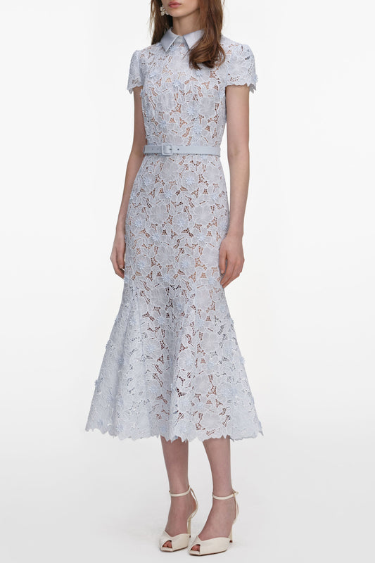 zenobia pale blue Guipure Lace hollow Midi Dress