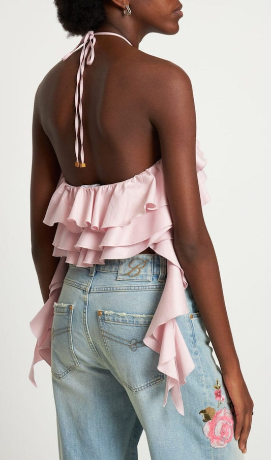 RUFFLE-DETAIL HALTER CROP TOP IN PINK DRESS STYLE OF CB