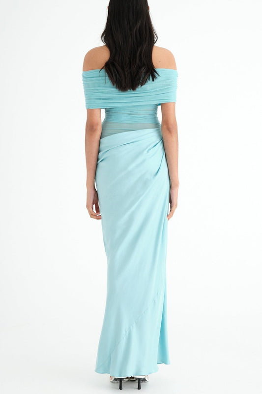 Reanko Off Shoulder Ruched Mesh Maxi Dress - Blue