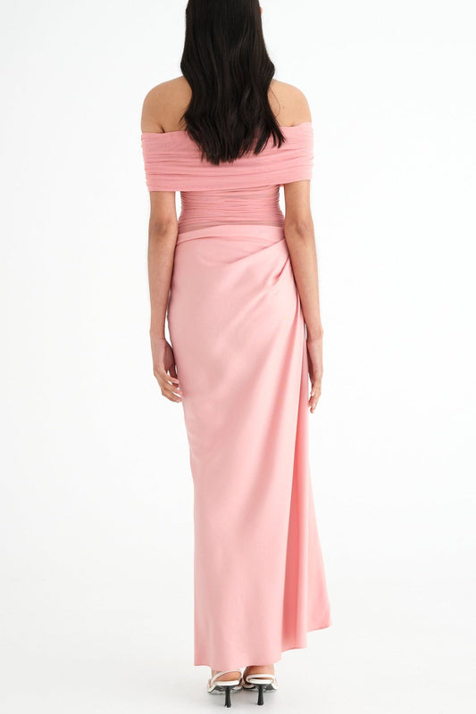 Reanko Off Shoulder Ruched Mesh Maxi Dress - Pink