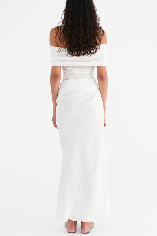 Reanko Off Shoulder Ruched Mesh Maxi Dress - White