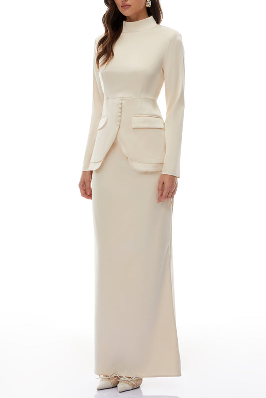 polly apricot Neutral Mock Neck Blouse Mermaid Skirt Set