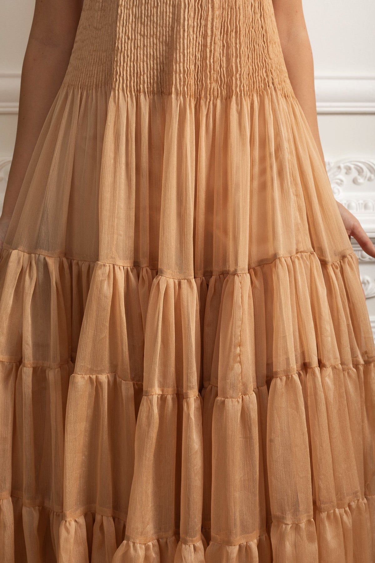 helen rhinestone beading pleated maxi dress - beige