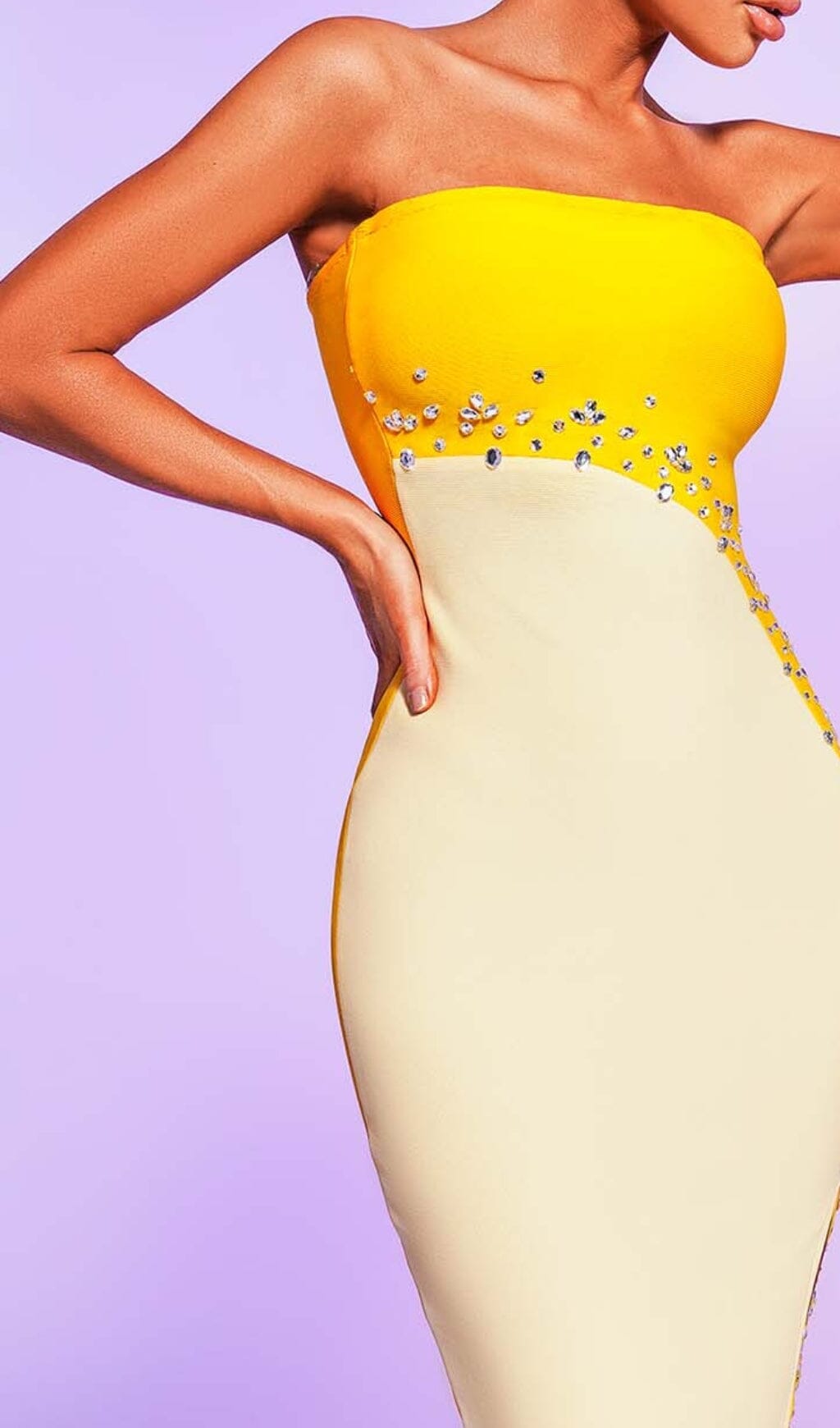 STRAPLESS BANDAGE MIDI DRESS IN YELLOW DRESS STYLE OF CB